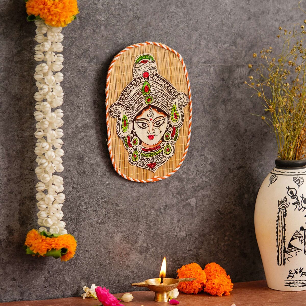 Oval Shaped Design Bamboo Hand Crafted Wall Hangings Durga Ji  For Home Decor | Bamboo Art For Wall Decor