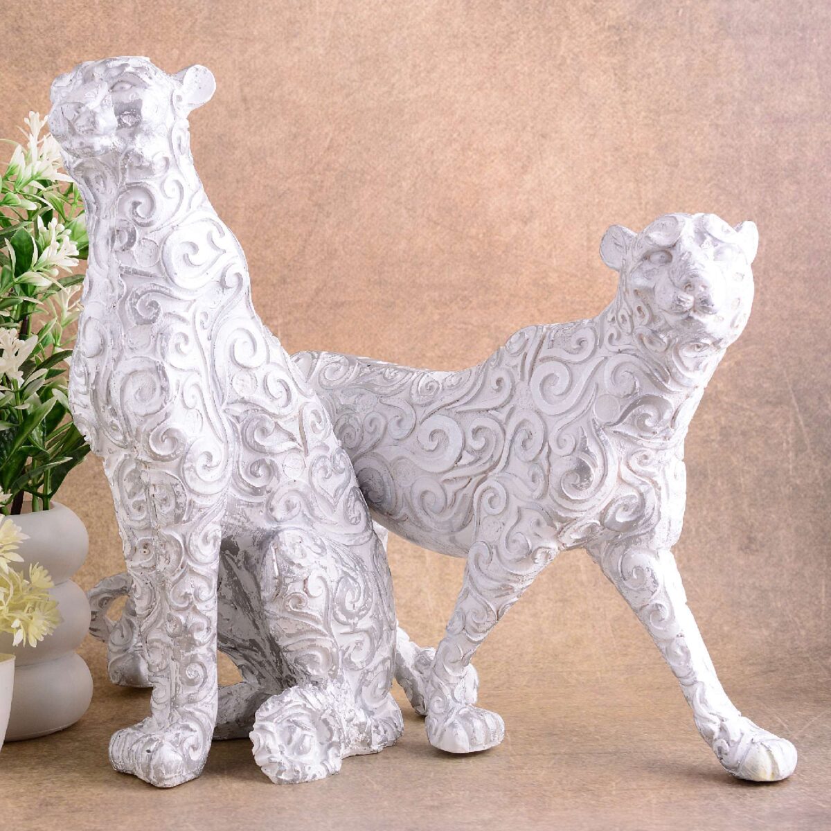 White Panther Animal Showpiece Antique Sculpture for Home Decor Showpiece Figurine (Set Of 2)