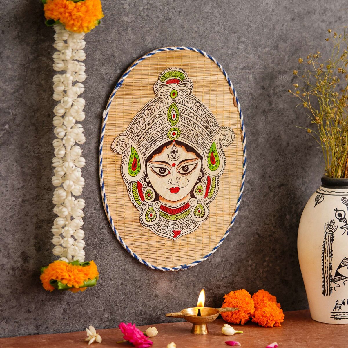 Oval Shaped Design Bamboo Hand Crafted Wall Hangings Of Durga Maa For Home Decor | Bamboo Art For Wall Decor