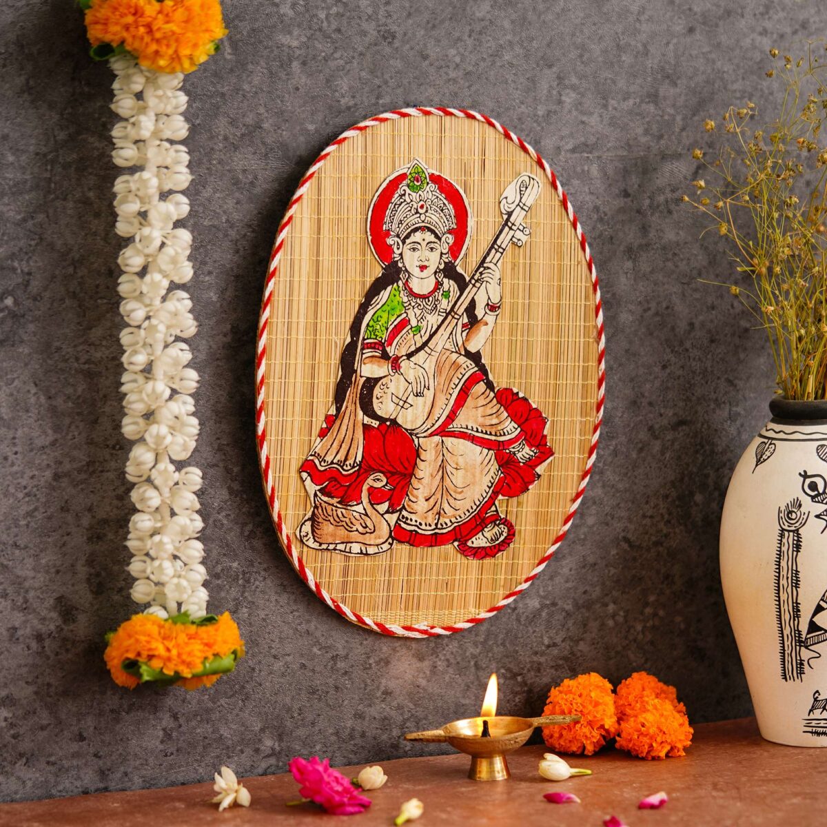 Oval Shaped Design Bamboo Hand Crafted Wall Hangings Of Godess Sarwasti Ji For Home Decor - Image 2