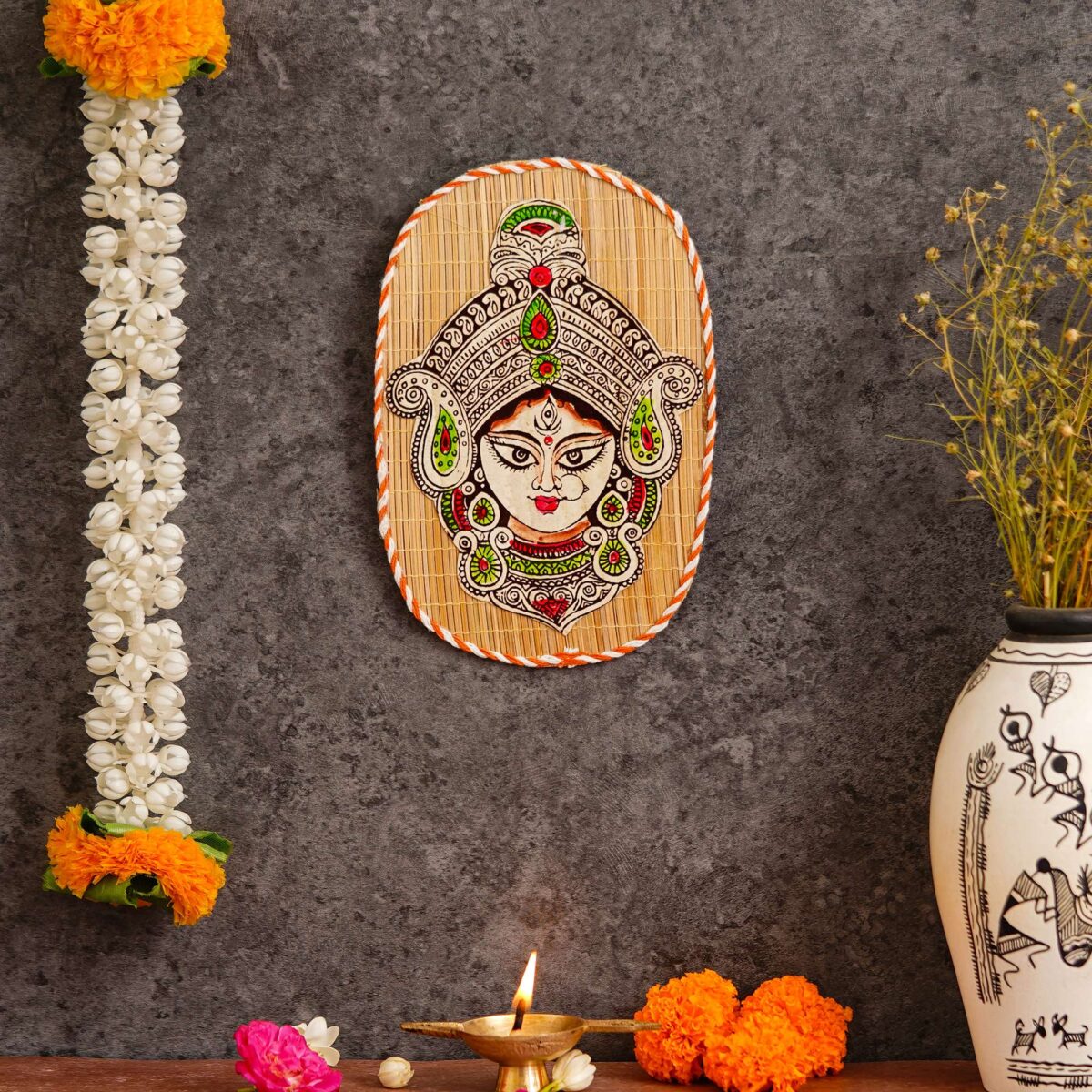 Oval Shaped Design Bamboo Hand Crafted Wall Hangings Durga Ji  For Home Decor | Bamboo Art For Wall Decor - Image 2